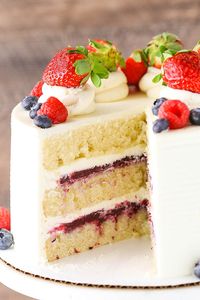 Berry Mascarpone Layer Cake - layers of moist vanilla cake, fresh berry filling and whipped mascarpone frosting!