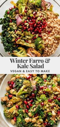 This hearty Winter Farro and Kale Salad is loaded with tender farro, chickpeas, and sweet pomegranate seeds, dressed in a garlic citrus dressing. Easy meal prep for easy lunches.