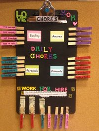 Chore chart made by ME :)  Giving children household chores at an early age helps to build a lasting sense of mastery, responsibility and self-reliance. Chores also teach children how to be empathetic and responsive to others’ needs.....so many reasons why I love making these :)