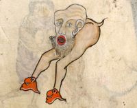 I supose this is a medieval conception of an octopus? Otherwise, I got nothin'. (Luttrell Psalter, England ca. 1325-1340. British Library, Add 42130, fol. 62v)