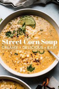 This Mexican Corn Soup recipe has all the flavors of Mexican street corn in soup form. This creamy corn soup is flavored with chile powder, poblano peppers and cotija cheese.