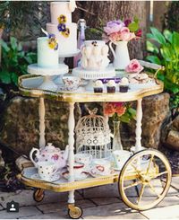 Wedding high tea time  Bar cart dessert coffee station Romantic French whimsical barn outdoor