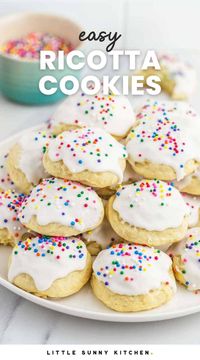 Moist and soft Italian Ricotta Cookies that have a texture similar to cake. Glazed with a simple silky smooth vanilla glaze, and decorated with colorful sprinkles, you will love these delicious cookies!