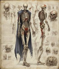 Concept art. Page from an ancient textbook. Anatomy of a vampire , pen and watercolor illustrations. The page contains several images: Full-length image skeleton diagram, keleton, and anatomical details. High quality, details. Correct anatomy, good proportions