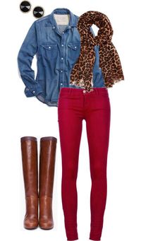 Cheetah scarf, red pants, and a jean shirt.