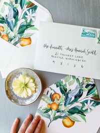 Personalize your special event with orange citrus inspired envelope liners perfect for a summer wedding that will set the tone and really wow your guests! Envelope liners are a great way to tie your wedding invitation suite together! These liners pair perfectly with sage green envelopes with modern envelope calligraphy.