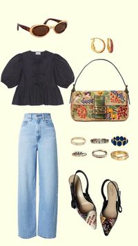 women's vacation outfit, european vacation outfit, luxury vacation, casual clothes, dinner outfit ideas, embroidered bag, unique jewelry, fun jewelry pieces, black top, brown sunglasses, colorful rings, unique earrings, wide leg pants, straight leg pants, straight leg jeans, how to style denim, slingback shoes outfit, colorful shoes, colorful slingbacks, trendy sunglasses, trendy outfits, what to wear to dinner, first date outfit ideas, women's fashion, cute style, trendy outfit inspo, summer 2024, mature outfit, vintage, purse, vintage jewelry