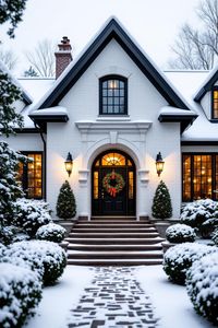 Snow-dusted house with elegant entry. Create a cozy oasis with simple house designs that offer elegance minus the headache of a mortgage meltdown.