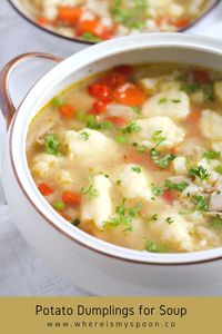 Comforting chicken soup with soft potato dumplings and vegetables, a German dumpling soup to warm you up during the cold months of the year. #whereismyspoon #dumplingsoup #potatodumplingsoup #germansoup #potatodumplings #dumplingsforsoup