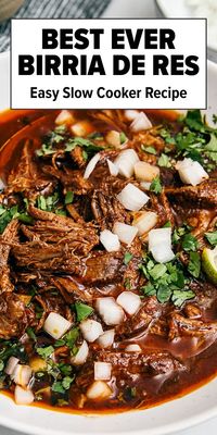 This Mexican birria de res crockpot recipe is a hearty slow-cooked stew with the utmost flavor and juicy, tender beef. Serve it as is or make birria tacos!