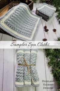 Crochet the Sampler Spa Cloths with a free and easy pattern. Three different cloths use the Trinity, Suzette and Silt stitch to make a set. Great for gifts! #crochet #freecrochetpattern #washcloth #dishcloth #kitchen #bathroom #housewarminggift #hostessgift #giftbasketitem