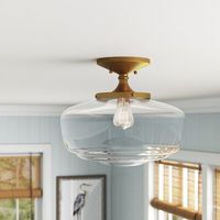 This simple 1-light semi-flush mount fixture brings vintage-inspired style to your living room, bedroom, or home office. It’s made of metal and features a circular back plate, with a 14” diameter clear glass schoolhouse shade. Plus, this light comes with one amber 4W Edison bulb (equivalent to a 40W incandescent bulb), with a rated bulb life of 50,000 hours. It requires hardwire installation; add a dimmer switch (not included) to set just the right mood. Beachcrest Home Fixture Finish: Brass Gol