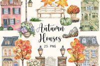 Watercolor Autumn Houses Clipart. This set includes 25 hand painted watercolor individual elements, houses,  plants, flowers that will make your creative projects stand out! Watercolor digital clipart...