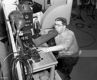 Orth Bell, with sound effects equipment, for the CBS Radio production, Uncle Jonathan. New York, NY. Image dated August 24, 1939.