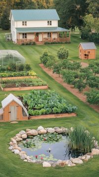 Easy one-acre homestead design featuring a farmhouse, vegetable garden, chicken coop, orchard, and a small pond. Perfect for beginner homesteaders!