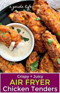 Crispy Air Fryer Chicken Tenders ~ buttermilk air fried boneless chicken. Crispy outside, juicy inside cooks in under 15 minutes! #airfryerrecipes #airfryer #chickentenders #airfryerchickentenders #healthyrecipes #airfryerchicken #agoudalife