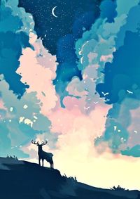 @9Jedit on Twitter #art #illustration | Digital landscape painting of cloudy night sky and a deer on hillside. Beautiful colors.