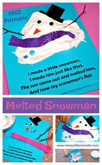 An easy melted snowman kids craft and (free) printable poem using a simple puffy paint recipe that uses shaving foam and glue. A fun snow or winter art or literacy project for toddlers and preschoolers as well as older kids.