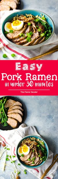 Easy Pork Ramen - Thinly sliced, perfectly cooked, juicy pork tenderloin and an egg with a gloriously runny egg yolk, crunchy Asian greens, and flavorful mushrooms, all swimming in a scrumptious and flavor-packed ramen noodle broth. All in less than 30 minutes!  via @theflavorbender #RealFlavorRealFast [ad]