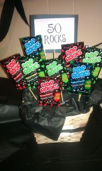 Pop Rocks table decoration 50 Rocks! Made for Dads 50th birthday party.