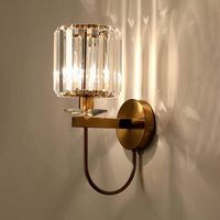 Postmodern Gold Cylindrical Crystal Wall Sconce with Curved Arm – LunaDesignStudios