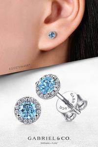 14K White Gold Diamond Halo Swiss Blue Topaz Stud Earring EG12372W45BT #Gabriel Co #Gabriel Jewelry #Gabriel NYC #Earrings #WhiteGoldEarrings #DiamondEarrings #DiamondStudEarrings