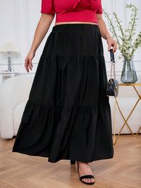 Black Casual Collar  Woven Fabric Plain Layered/Tiered Embellished Non-Stretch  Women Plus Clothing