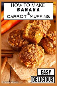 These easy, delicious banana and carrot muffins have a crunchy cinnamon sugar walnut topping. Perfect for breakfast or as a snack on the go. #MuffinRecipe #BananaCarrotMuffins
