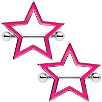 14 Gauge (1.6mm), 3/4" (19mm) 316L Surgical Grade Stainless Steel Straight Barbells, Glow in the Dark, Sold as a Pair 3/4" Pink Glow in the Dark Sexy Star Nipple Shield Set You're the star of your own story! Feel like a star with these unique nipple piercings. Made with 19mm durable 316L surgical grade stainless steel straight barbells, this set of nipple shields features pink glow in the dark star shield charms. This pair of nipple barbells is sold as a set of two for "de seins," of course, and