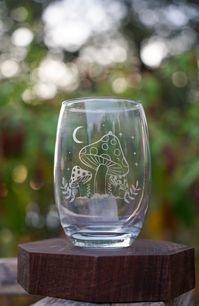 Mushroom etched wine glass  Perfect for picnics or when you just want a glass of wine  Dishwasher safe  *there might be flaws in the etch. They're not perfect but adorable just the same*