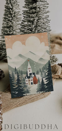 Our rustic winter valley church Christmas cards capture the essence of a peaceful winter landscape in muted, neutral colors. Perfect for a unique holiday greeting, and customizable with your photos, a custom message, and your family name.