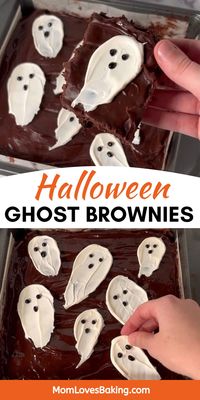 Easy Halloween Ghost Brownies Recipe are fudgy brownies topped with a simple chocolate ganache frosting and cute candy ghosts. Get the recipe: https://www.momlovesbaking.com/easy-halloween-ghost-brownies-recipe/