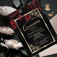 Chic Red Roses Gold Frame Black Quinceañera Invitation - tap/click to personalize and buy #Invitation #gold, #frame, #floral, #flowers, #roses,