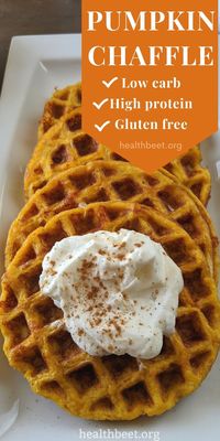 Chaffles (cheese waffles) don't have to be limited to a savory breakfast. If you are craving a sweet breakfast, that is also low in carbs, and gluten free, give this pumpkin chaffle recipe a try. #healthyrecipe #healthybreakfast #highprotein #lowcarb #glutenfree