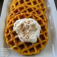 Chaffles (cheese waffles) don't have to be limited to a savory breakfast. If you are craving a sweet breakfast, that is also low in carbs, and gluten free, give this pumpkin chaffle recipe a try. #healthyrecipe #healthybreakfast #highprotein #lowcarb #glutenfree