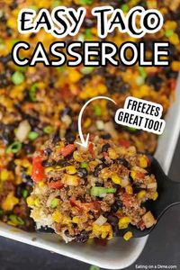 Taco rice casserole is an easy dinner idea and freezer friendly. It is a great recipe to stretch your meat and budget friendly.  #eatingonadime #mexicanrecipes #casserolerecipes #recipeseasy #freezermeals