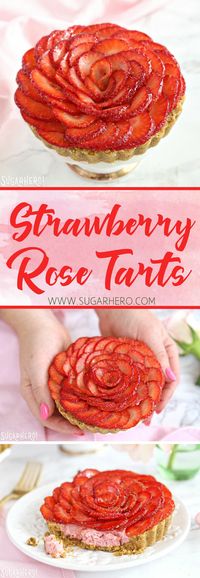 Strawberry Rose Tarts - a beautiful and romantic dessert! With a crunchy pistachio shortbread crust, delicious strawberry-rose cream, a a topper of sliced strawberries in the shape of a rose. | From SugarHero.com #strawberries #strawberrytarts #dessert #baking #tartrecipes #valentinesday #romanticdesserts