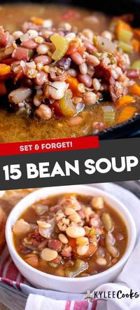 A yummy slow cooked 15 Bean Soup recipe,packed with flavor and goodness -  this meal is a great one to set and forget!Nothing beats a slow cooked meal that cooks all day, and fills your home with the delicious aroma of this 15 Bean Soup! Just 4 steps, which are mainly hands off - and you'll have a delicious, nutritious meal ready for dinner.