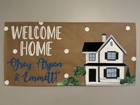 Hand Painted Banner- Welcome Home Housewarming  Size: 3 feet tall by 4-8 feet long (depending on option chosen). These are painted on high quality banner paper.  Please include the following in the personalization details: Wording Theme of the event, specific banner requests color choices for paint font type (script, handwritten, etc. I'll email a digital mock up of your banner for final proof before painting. Please view current turn around times before placing your order. All rush orders must