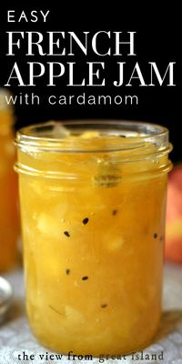 This unique small batch Easy French Apple Jam Recipe is simple to make, has a gorgeous golden color, a fresh apple flavor, a chunky texture, and a surprise hint of spice from the cardamom. #easy #recipe #applejam #apples #fall #applejamrecipe #jammaking #preserving #harvest #applepreserves #cardamom #easyapplejam #homemadejam