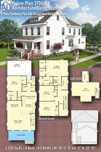 Country Farmhouse House Plan 31561GF gives you 2500 square feet of living space with 4 bedrooms and 4.5 baths