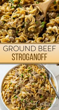 This Ground Beef Stroganoff Recipe is a budget friendly dinner idea that's rich and full of flavor! It comes together quickly in a skillet and is easy enough to make during a busy weeknight.