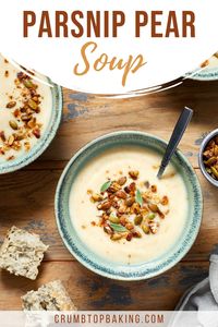 Savoury and sweet, this roasted Parsnip and Pear Soup is made with simple ingredients and highlights the sweet, caramelized flavour of roasted pears and tender parsnips. It's dairy-free and vegan and can be enjoyed as an appetizer or main meal.