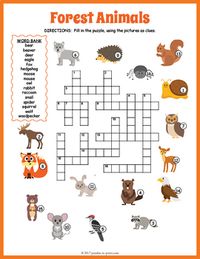 Review vocabulary and spelling for forest animals with this super fun crossword worksheet.  Each clue in the puzzle is a colorful image - puzzlers must fill the name of the critter in the image.  The worksheet comes in two versions: one with a word bank (good for beginners) and the other without (good for more advanced students).The vocabulary words included are:bear, beaver, deer, eagle, fox, hedgehog, moose, mouse, owl, rabbit, raccoon, snail, spider, squirrel, wolf, and woodpecker.Solutio...