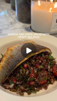 Amber Bastian ANutr on Instagram: "Quinoa and lentil salad with crispy sea bass 🐟 🥗 

Serves 4
You will need…
* 4 sea bass fillets, skin on

For the salad:
* 100g quinoa (any colour, but I used red)
* 150g brown lentils
* 200g cherry tomatoes
* Handful of flat leaf parsley, finely chopped
* Handful of mint, finely chopped
* Handful of coriander, finely chopped
* 1 small red onion, finely chopped
* 150g pomegranate seeds
* 1 tbsp sumac
* 2 tbsp pumpkin seeds

For the dressing:
* 4 tbsp extra virgin olive oil
* 2 tbsp apple cider vinegar
* Juice of 1 lemon
* 1 tbsp pomegranate molasses (or maple syrup)
* Salt and pepper, to taste

1. Cook the quinoa in boiling water in a saucepan for 15 minutes. Drain and allow to cool completely.
2. Cook the lentils in boiling water in a saucepan for 15-2