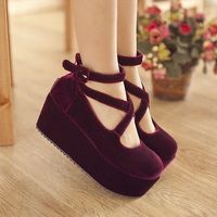 Lady Goth Girls Cross Strap Platform Wedge Heels Velvet Boot Zip Shoes Pumps hot