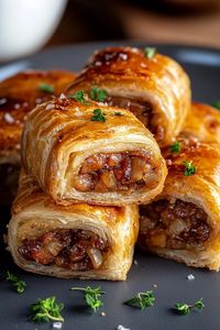 Indulge in these delicious French Onion Sausage Rolls! Made with savory pork mince mixed with a salt-reduced French onion soup blend, tangy tomato ketchup, and Worcestershire sauce, these rolls are bursting with flavor. Wrap it all in crispy puff pastry for an irresistible treat. Perfect as a make-ahead appetizer, they can be served hot with your favorite dipping sauce. Plus, get creative with variations by adding caramelized onions or fresh herbs. Bake to golden perfection and enjoy a delightful finger food masterpiece! 🍴🥐 #SausageRolls #RecipeIdeas #CookingAtHome