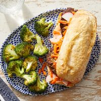 Bánh Mì-Style Beef Burgers with Sesame-Roasted Broccoli