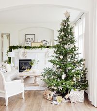 Christmas tree, White, Living room, Room, Christmas decoration, Home, Green, Interior design, Floor, Property,