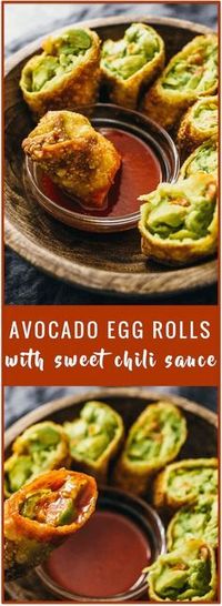 Avocado egg rolls with sweet chili sauce (vegan) - These avocado egg rolls are fried to crispy perfection and served with a tasty sweet chili sauce. This recipe is vegan and a crowd favorite for party appetizers.